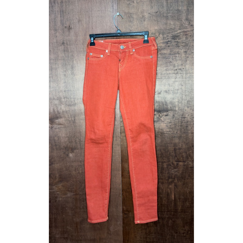 True Religion Stella Low Rise Skinny Jeans Orange Contrast Stitch Size 26